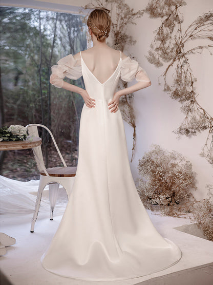 Simple White Long Sleeves Wedding Dress V Back Long Evening Prom Dress 191