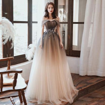 Gradient Coffee Off Shoulder Tulle Prom Dress A Line Long Evening Party Gown 616