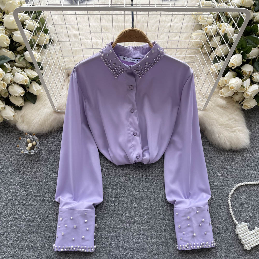 2023 Spring New Beaded Chiffon Shirt Women's Satin Long-sleeved French Shirt 336