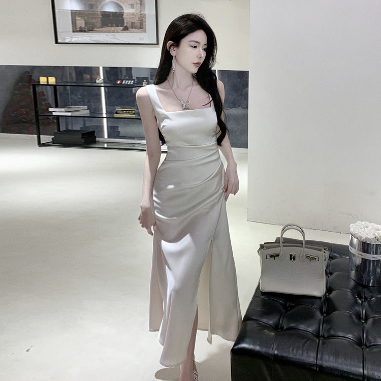 Summer New French Style White Satin Dress with Slits 780