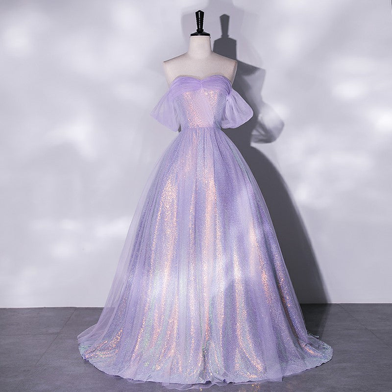 Lilac Off  Shoulder A Line Shiny Prom Dress Formal Party Dress 222