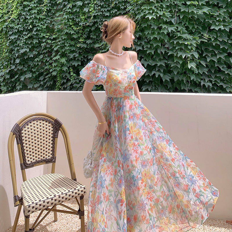 French Retro Fairy Spaghetti Strap Skirt Puff Sleeve Floral Dress 775