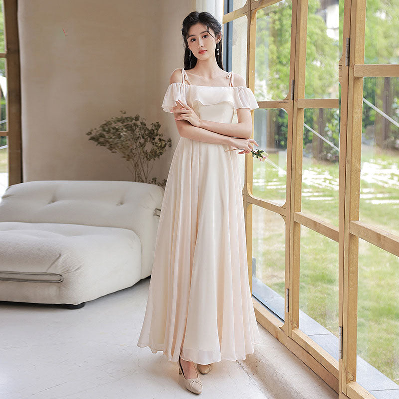 A Line Champagne Bridesmaid Dress Simple Long Prom Dress 528