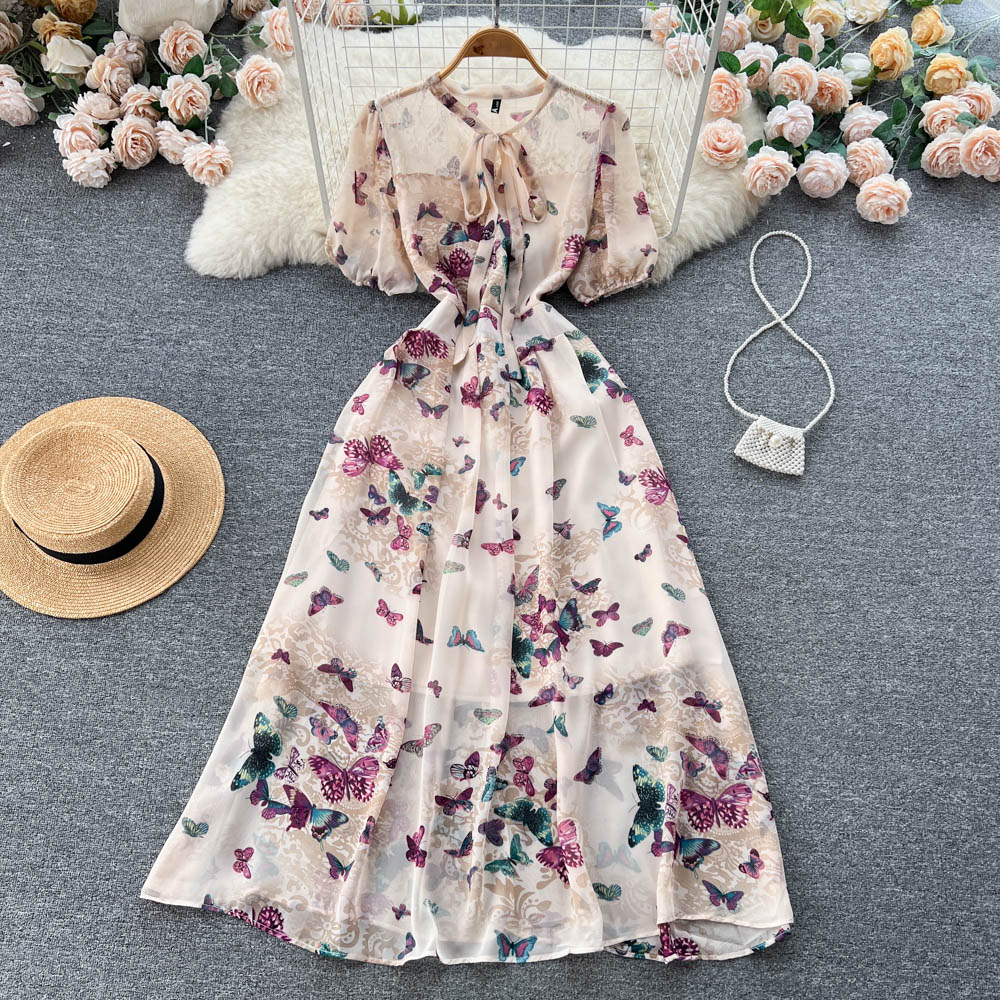 Women's French Style Sweet Puff Sleeve Floral Dress 286