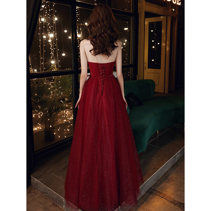 Sweetheart Strapless S Line Long Prom Dress Burgundy Shiny Evening Gown 585