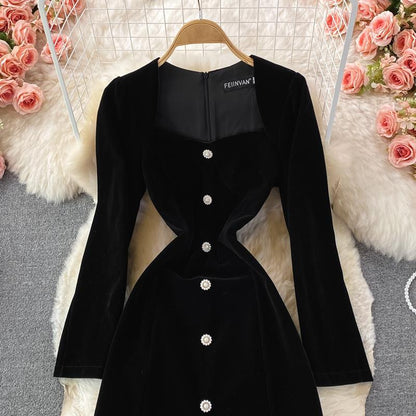 French Vintage Velvet Dress Elegant Long Sleeve Slit Dress Long Dress 355