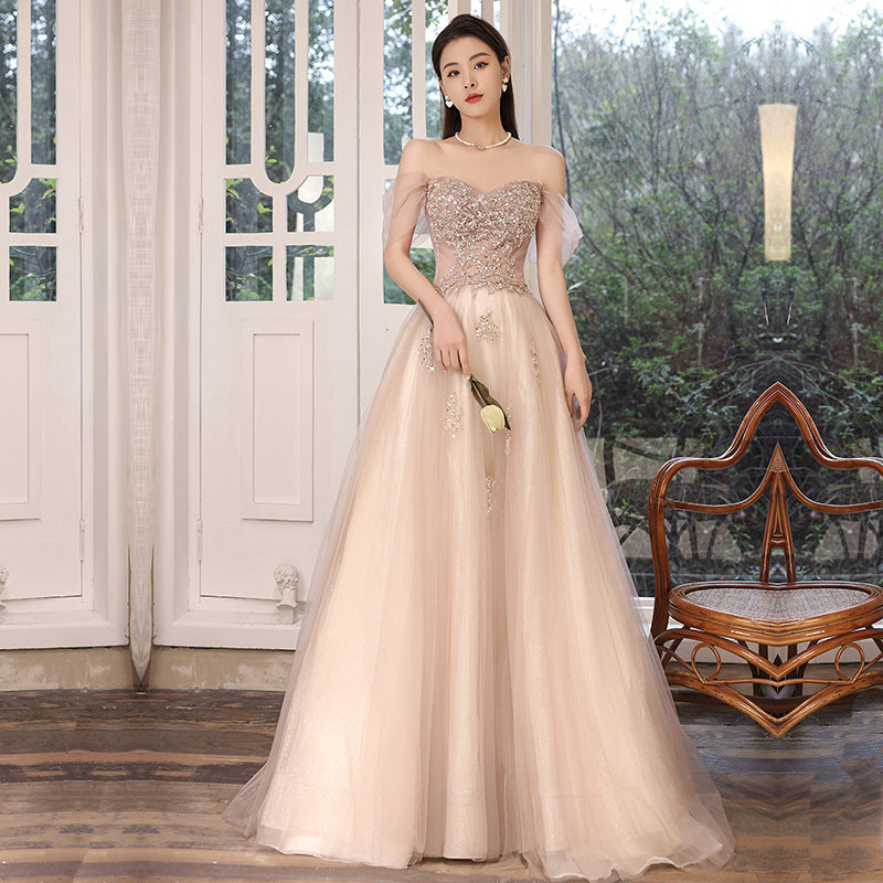 Off Shoulder Sequins Prom Dress A Line Tulle Formal Party Gown 667