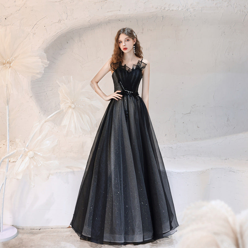 Black Tulle Long Prom Dress Spaghetti Strap Evening Gown Formal Party Dress 147