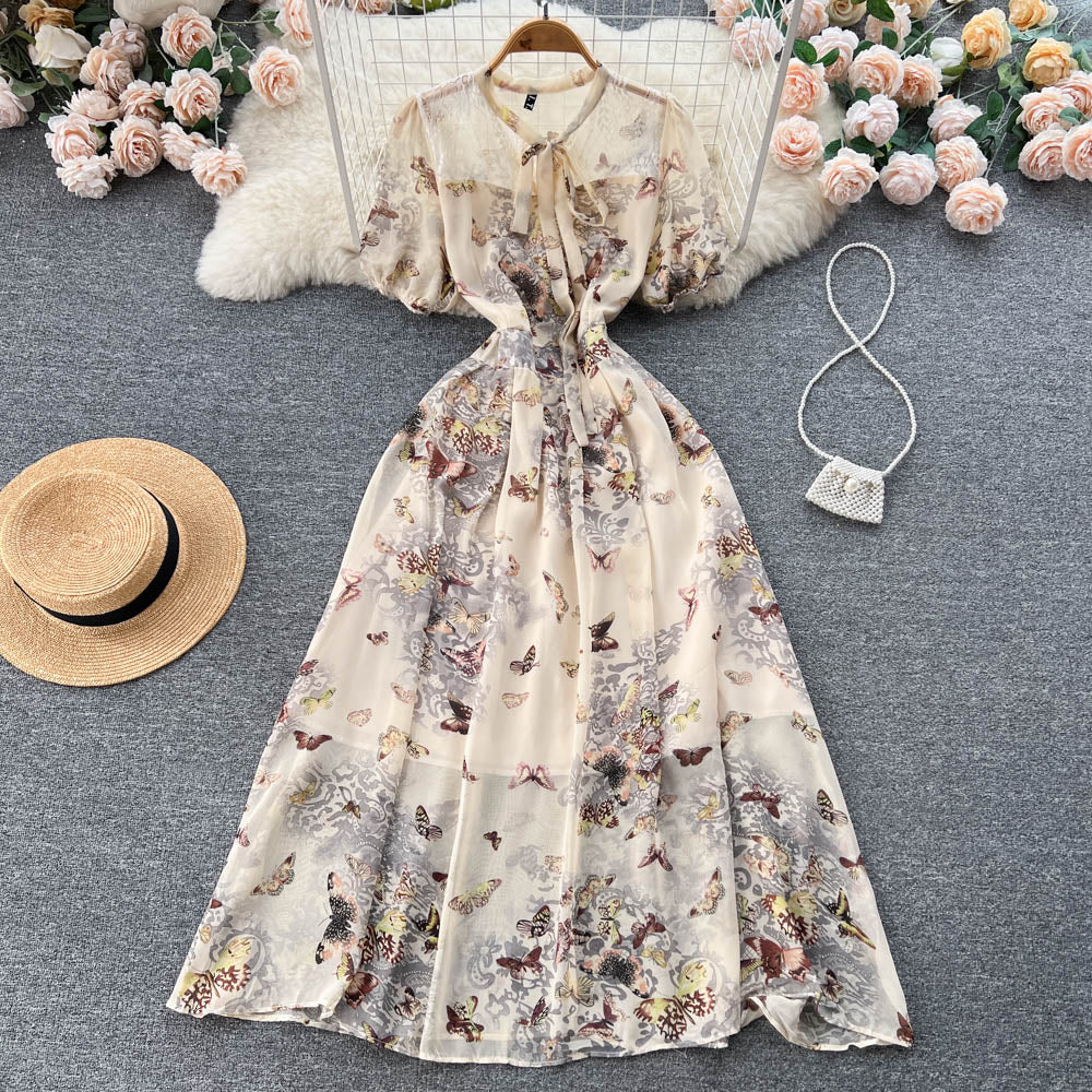 Women's French Style Sweet Puff Sleeve Floral Dress 286
