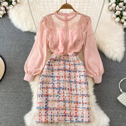 Spring and Autumn Retro Round Neck Pink Lace Chiffon Wool Dress 492