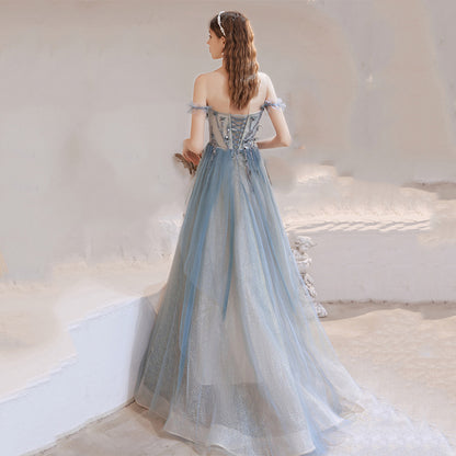 Off Shoulder Light Blue Tulle Prom Dress A Line Formal Party Dress 691