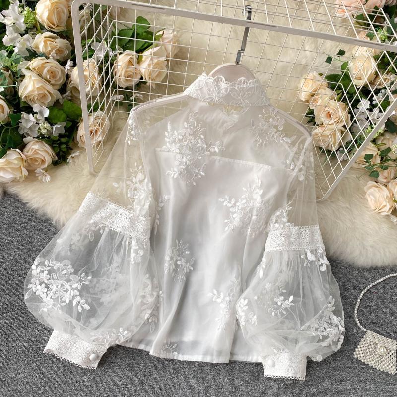 French Retro Mesh Lace Top Stand Collar Embroidered Puff Sleeve Shirt 832