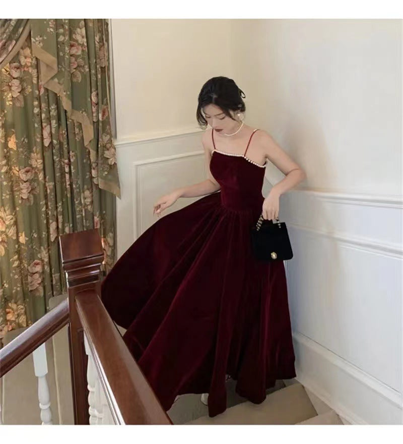 Burgundy Beaded Velvet Prom Dress Spaghetti strap Mid Long Evening Dress 163
