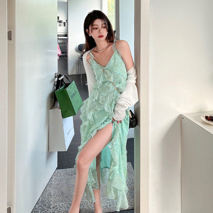 Fairy Green Floral Dress Women's Mid-length Summer New Spaghetti Strap Dress 396