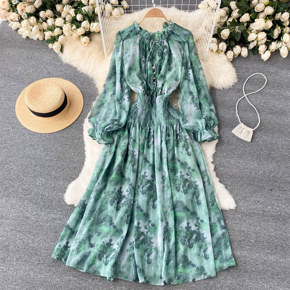 Elegant Printed French Dress Puff Sleeve Fairy Long Skirt 1004