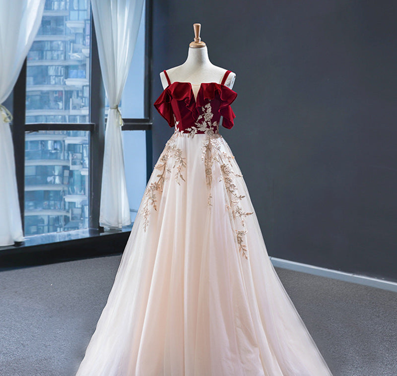 Spaghetti Strap Velvet Tulle Prom Dress Long Formal Dress Party Gown 231
