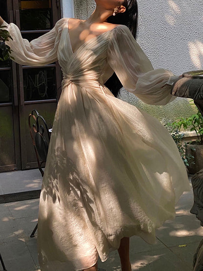 French Style Retro V-neck Puff Sleeve Dress Long-sleeved Fairy Dress 568