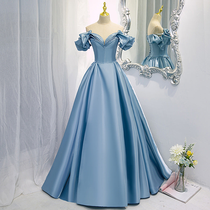 Off Shoulder Blue Satin Prom Dress Formal Evening Party Ball Gown 684