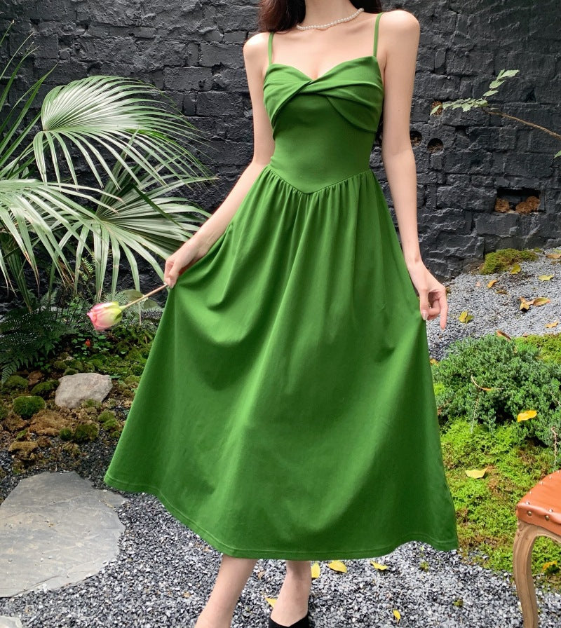 Women's Summer Elegant Green Spaghetti strap Dress  422