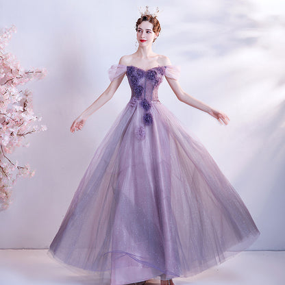 Purple Off  Shoulder Flower Long Prom Dress Tulle Evening Formal Party Dress 151