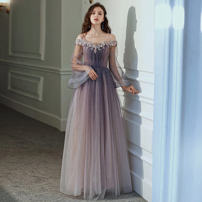 Off Shoulder Purple A Line Tulle Prom Dress Long Sleeves Formal Party Dress 660