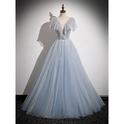 Deep V Neck A Line Prom Dress Gray Blue Sequins Evening Party Dress 656