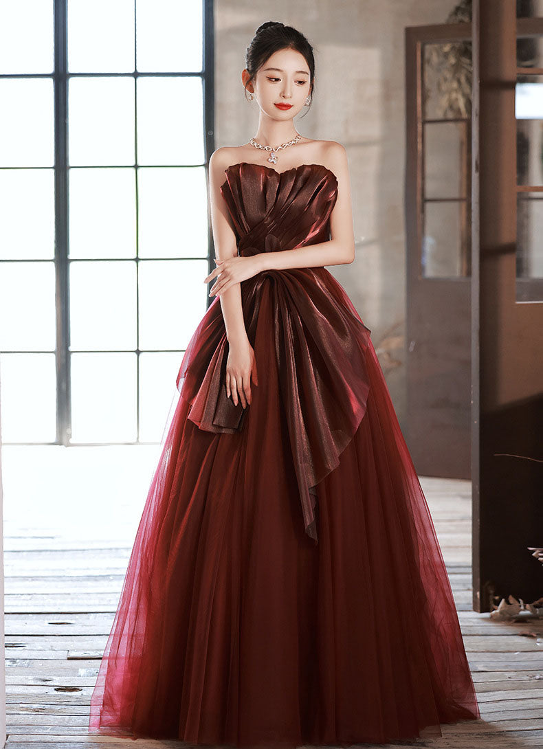 Strapless Wine Red Long Prom Dress A Line Evening Party Dress Formal Dress 190