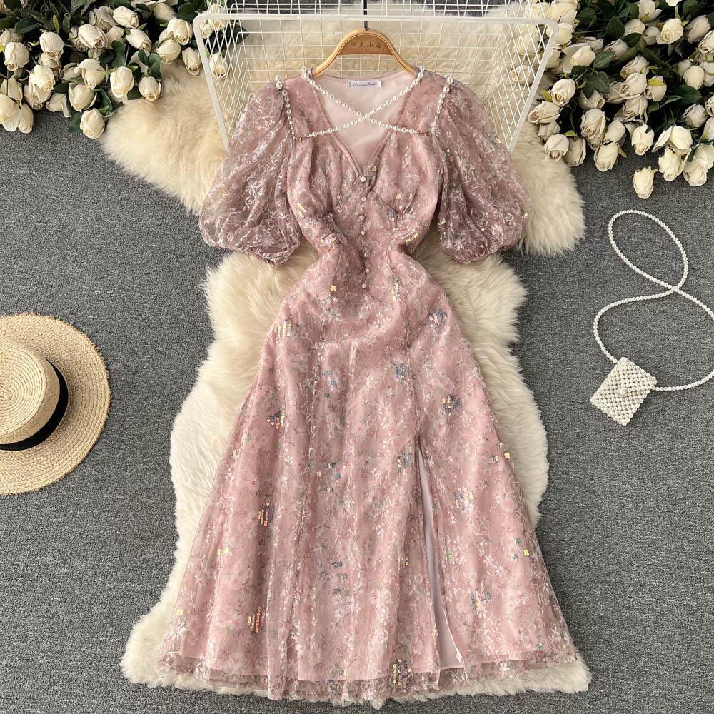 Pink Beaded Floral Dress French  Style Dress 364