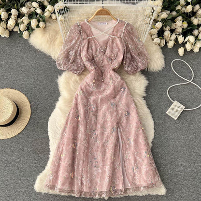 Pink Beaded Floral Dress French  Style Dress 364