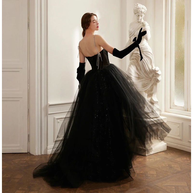 Black Sparkly Long Prom Dress Spaghetti Strap Sequins Evening Dress 181