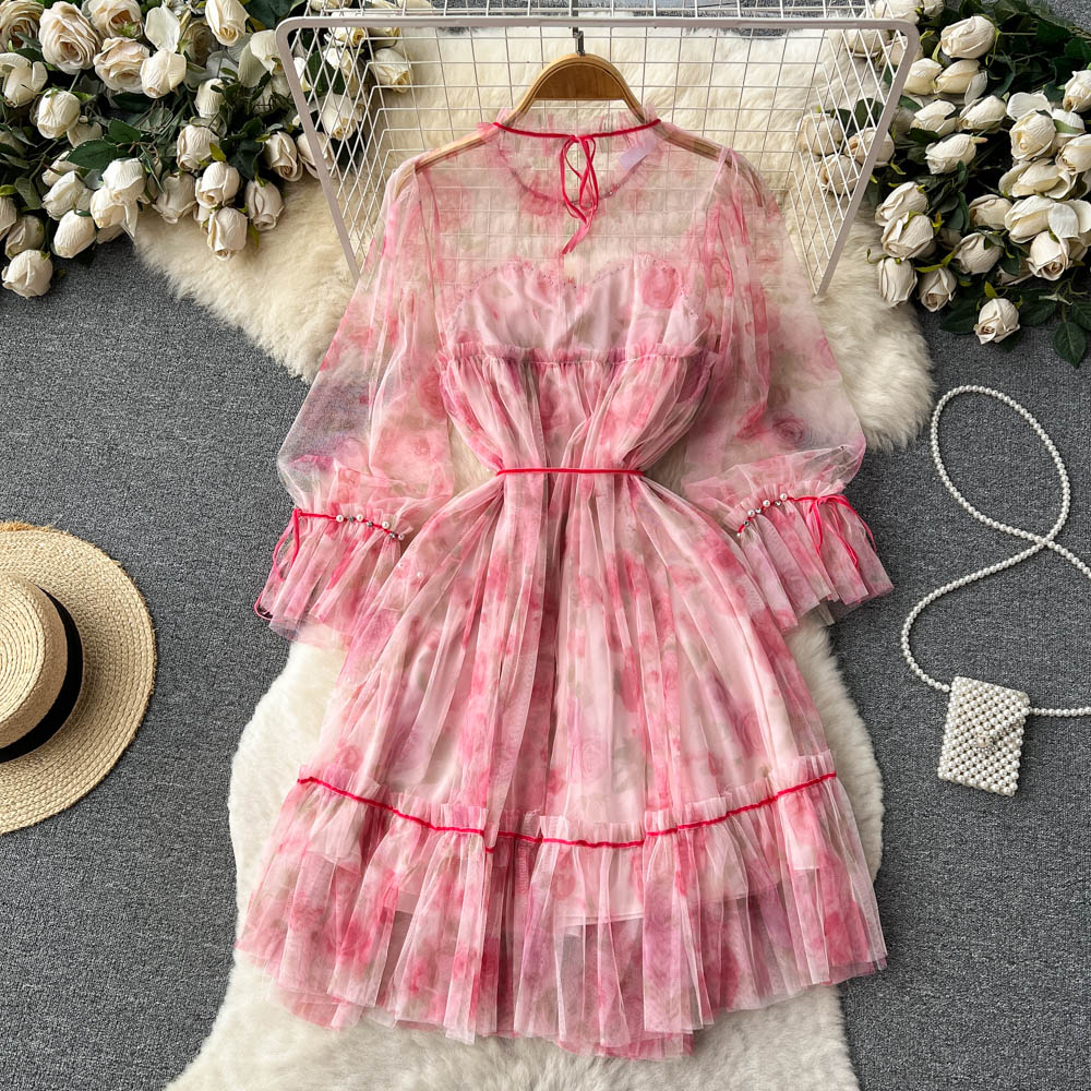 French Fairy Sweet Dress Summer Mesh Long Sleeve Dress 344