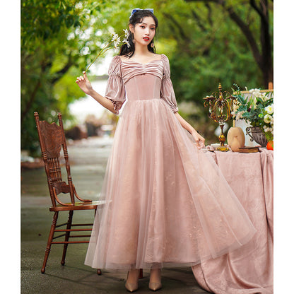 Pink Tulle Velvet Bridesmaid Dress Long Evening Dress Formal Party Gown 527