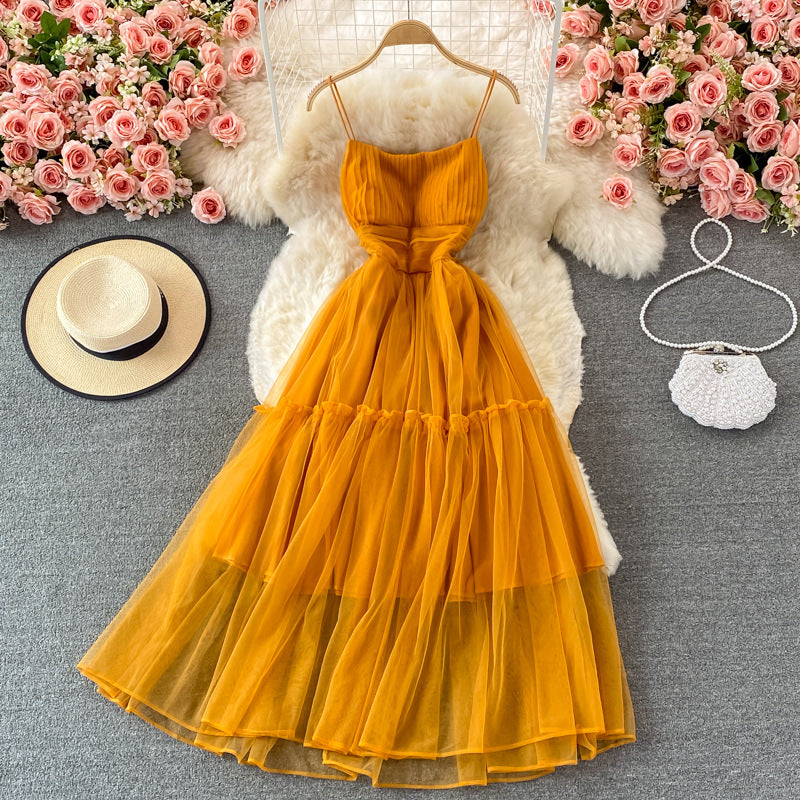 Fairy Yellow High Waist Backless Dress Beach Skirt Big Swing Long Skirt 844