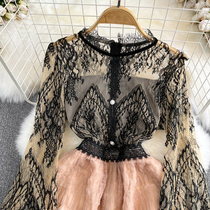 Long-sleeved Round Neck Lace A-line Mesh Cake Dress 474