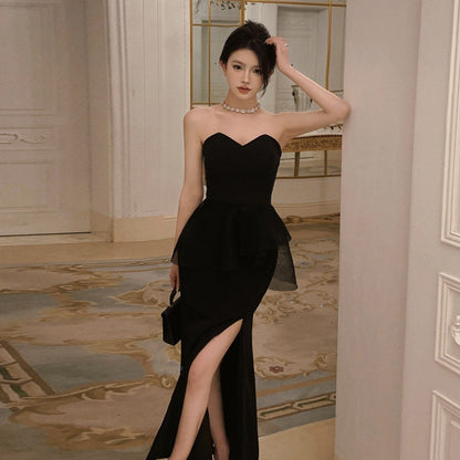 Strapless Black Tulle Long Evening Dress with High Slit  420