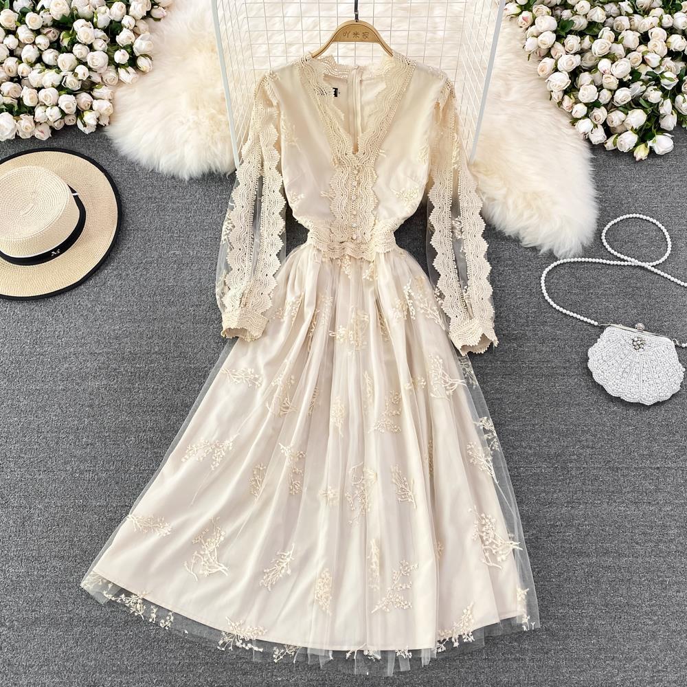 Spring V-neck Long-sleeved Mesh A-line Dress Elegant Long Skirt  356