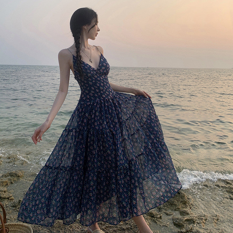 Blue Floral Dress Women Summer Spaghetti Strap Skirt V-Neck Holiday Long Dress 395