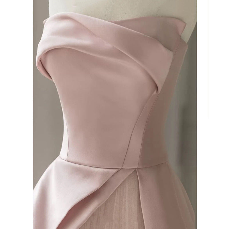 Strapless Pink Satin Long Prom Dress Evening Formal Gown 182