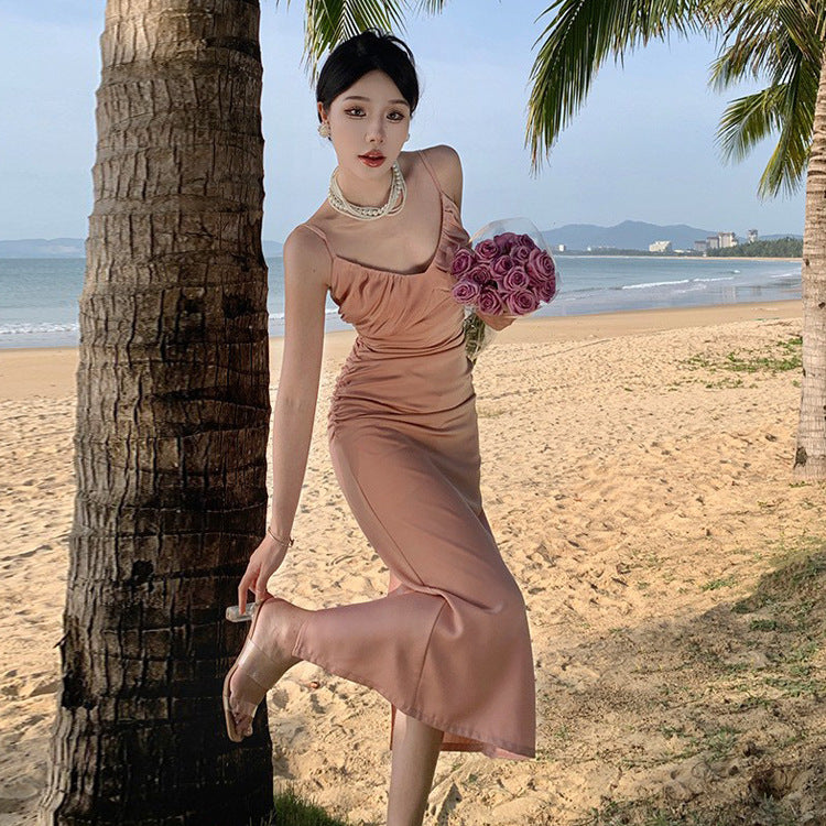 French Gentle Satin Pink Spaghetti Strap Dress Women Seaside Long Dress 372