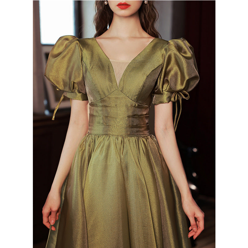 Green Puff Sleeves Satin Long Prom Dress Ball Gown Evening Dress 228