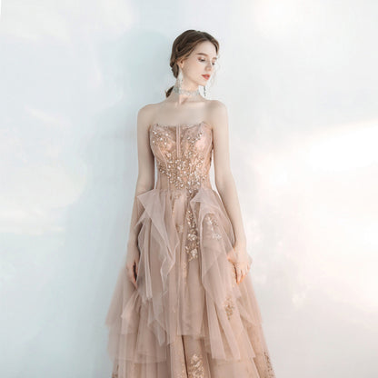 Champagne Pink Tulle Prom Dress Strapless Long Evening Dress Formal Party Dress 128