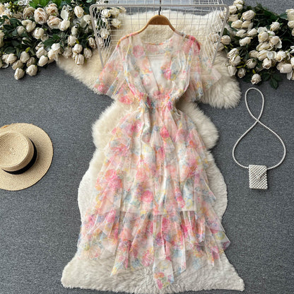 Retro French Floral Dress Women's Summer New Sweet Fairy Mid-length Skirt 346