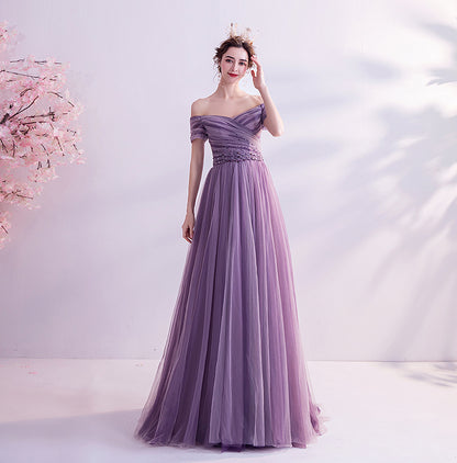 Purple Off  Shoulder Tulle Long Prom Dress Vintage Evening Dress 158