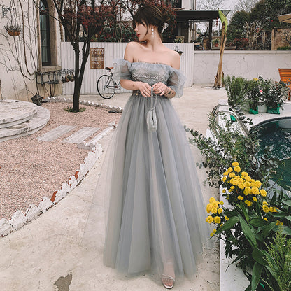Off Shoulder Tulle Long Prom Dress Gray Green Evening Formal Gown 299