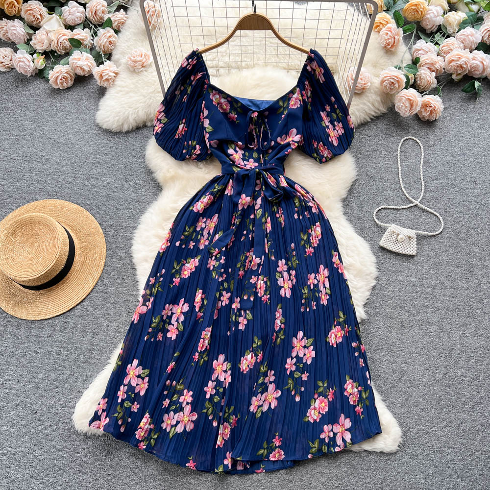 French Puff Sleeve Floral Dress Women's Summer Chiffon Long Dress 277