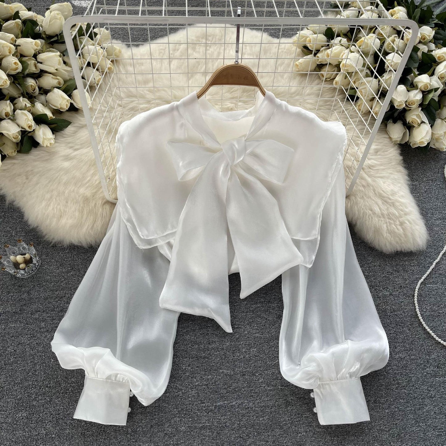 French Sweet Bowknot Lantern Sleeve Shirt Top Autumn Dress Streamer Shirt Women 369