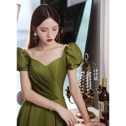 Green Satin Long Prom Dress Short Sleeves A Line Evening Dress 202