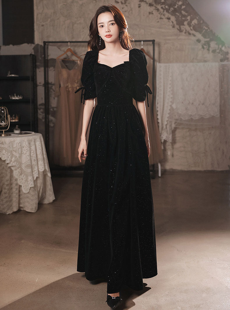 A Line Velvet Long Prom Dress Black Mid Sleeves Evening Party Gown Formal Dress 523