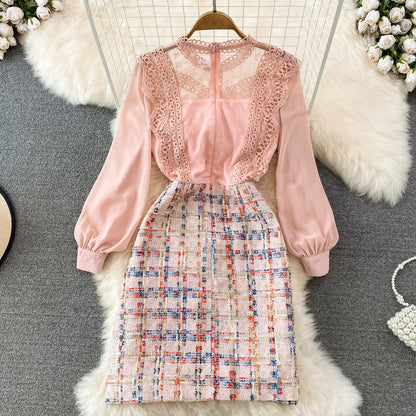 Spring and Autumn Retro Round Neck Pink Lace Chiffon Wool Dress 492