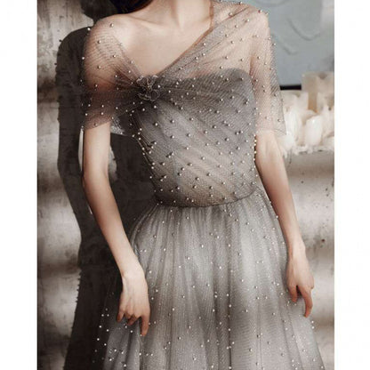 Beaded Gray Tulle Prom Dress A Line Formal Party Dress 693